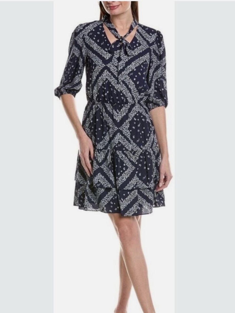 NWT Nanette Nanette Lepore Crepe Mini Dress navy blue white printed tie neck